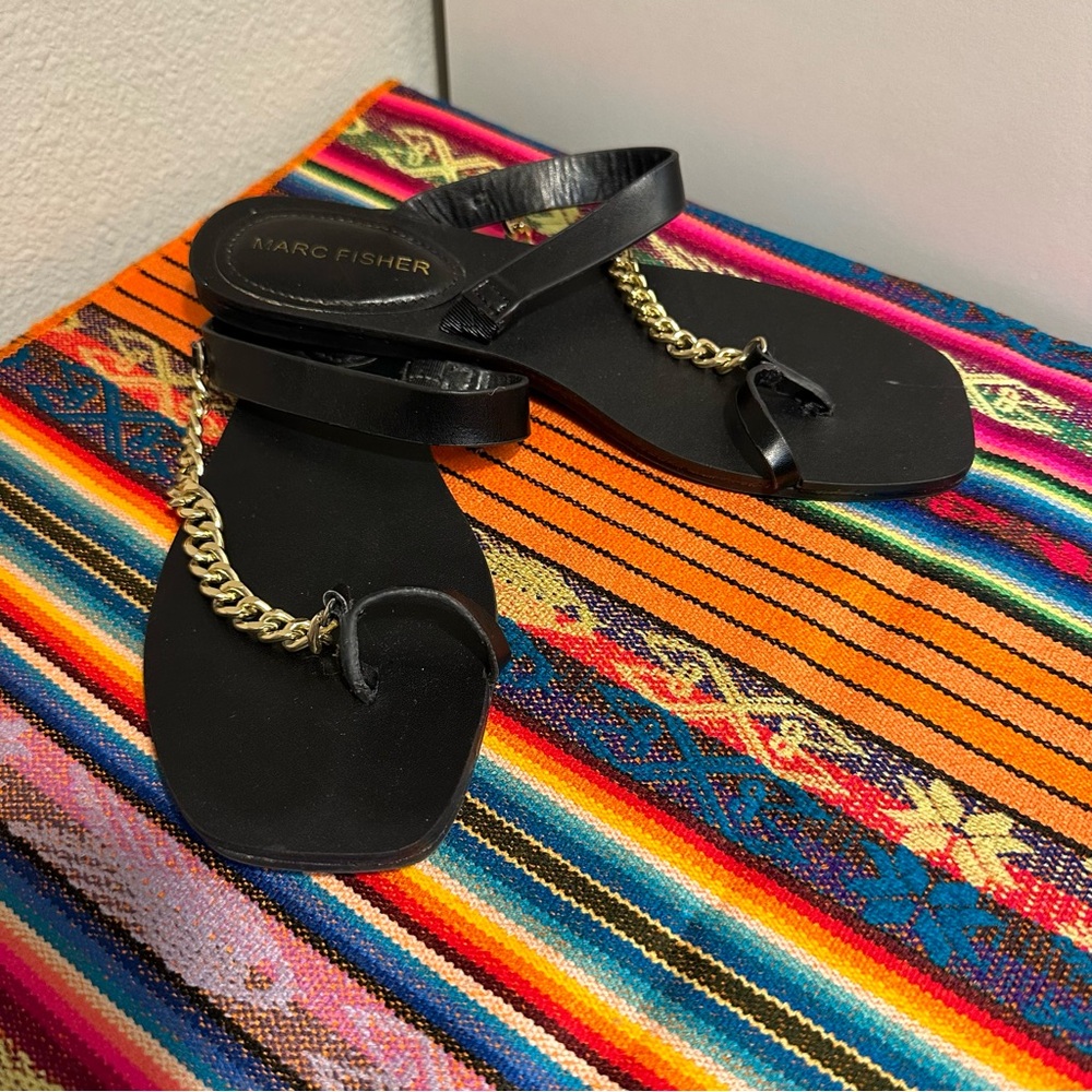 Black Mark Fisher Flat Sandals with Gold Chain Strap W5.5